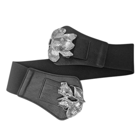 Gold or Silver Metal Floral Buckle Accent Wide Stretch Elastic Statement Belt